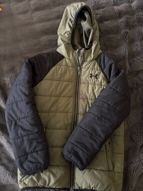 Under Armour Olive Green & Charcoal Hooded Kids Puffer Jacket